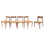 Set of four Danish Control MK teak dining chairs, with shaped bar backs with rush seats, bearing