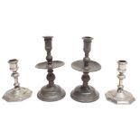 Pair of Dutch Heemskerk pewter candlesticks, with wide drip pans and domed bases, 8" high;