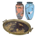 Two similar Japanese cloisonne vases, the first with a Crane by a tree on powder blue ground, the