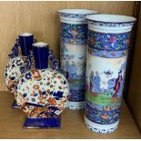 Pair of Ridgways Old Derby Imari palette moon flask vases, 9" high; together with a pair of Empire