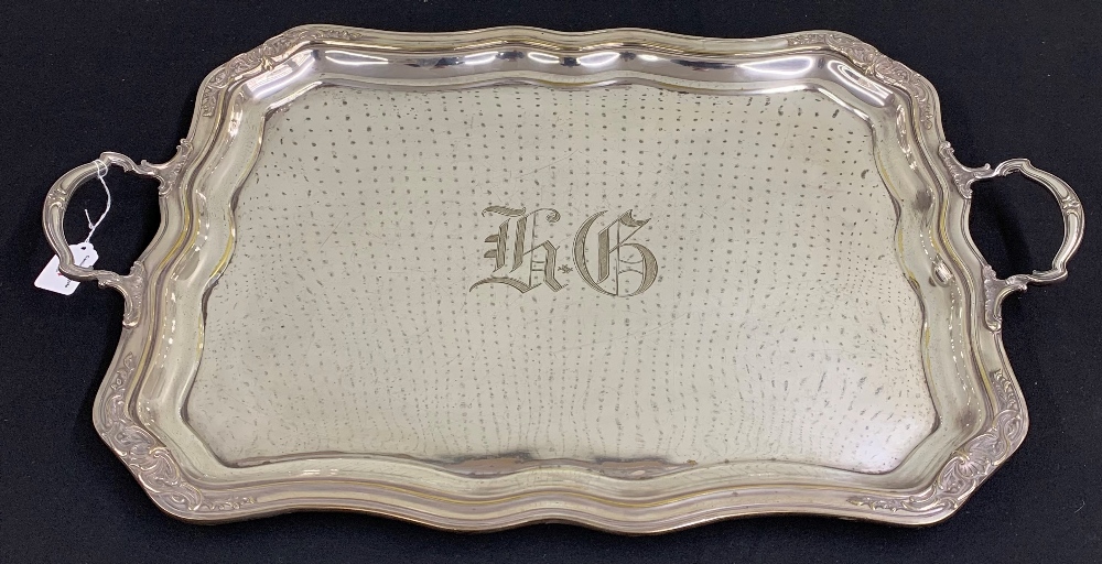 Large silver plated twin handled rectangular shaped serving tray, with engraved monogram within a