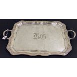 Large silver plated twin handled rectangular shaped serving tray, with engraved monogram within a