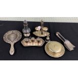 Small collection of silver plated items; to include a caster, 6" high, egg cup serving duo,