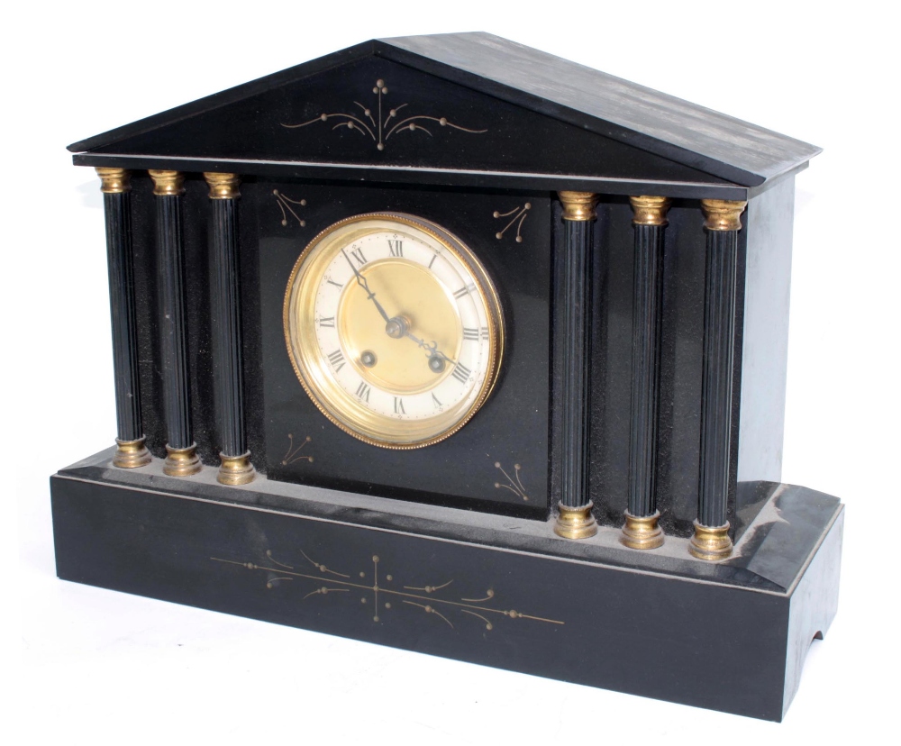 Black slate two train architectural cased mantel clock, striking on a gong, 16.5" wide, 5.5" deep,