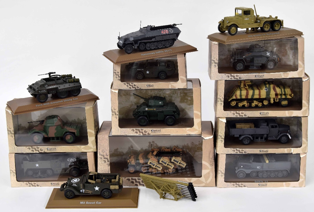 Thirteen Atlas Editions die cast scale model military vehicles