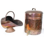Victorian copper coal scuttle, 18" high; together with a large copper urn with brass tap bearing