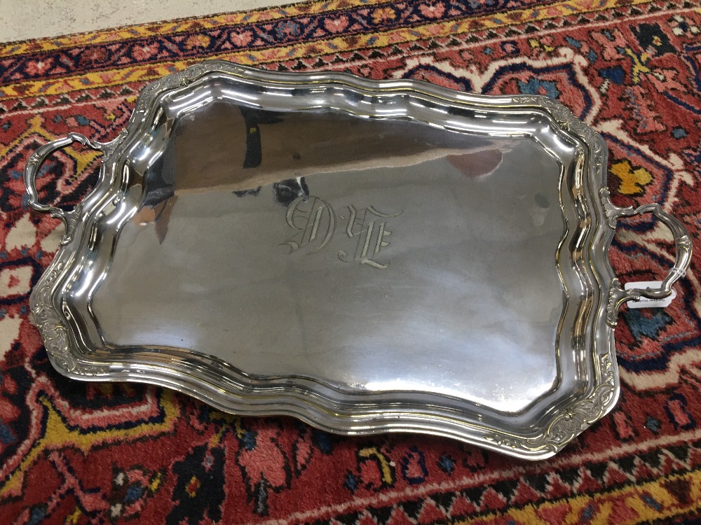 Large silver plated twin handled rectangular shaped serving tray, with engraved monogram within a - Image 3 of 4
