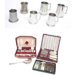 Five pewter tankards, each with golfing related presentation inscription, tallest 9" high;