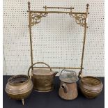 Arts & Crafts style brass fire screen stand, 22.5" wide, 31" high; together with two brass
