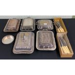 Four silver plate rectangle entree dishesand covers, largest 11" x 8", a small EPB circular dish, an