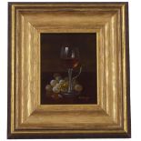 R* Berger (20th/21st century) - Still life of a wine glass and grapes, signed, oil on board, 6.25" x