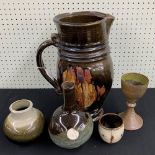 Five pieces of Studio pottery; to include large jug, 14" high, globular bottle vase, further vase,