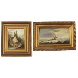 English School (19th/20th century) - Coastal scene with fishing boats in a rough sea, a headland and