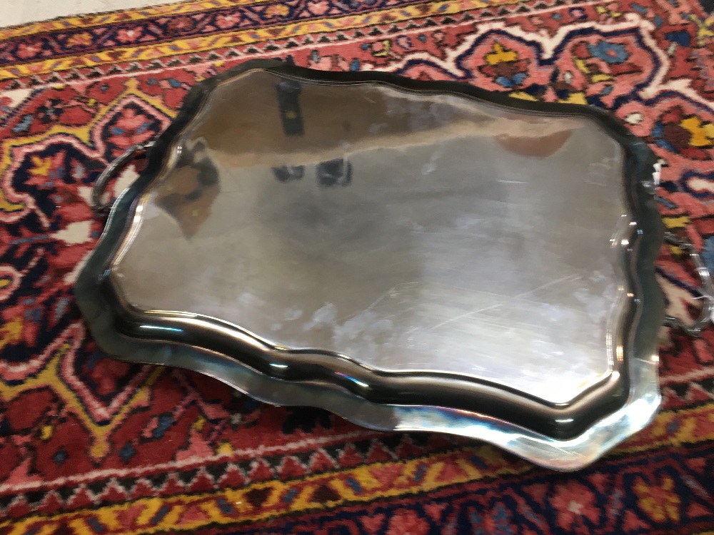 Large silver plated twin handled rectangular shaped serving tray, with engraved monogram within a - Image 2 of 4