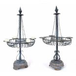 Pair of Scandinavian blue painted metal four light table candelabra, on turned wooden bases, 30"