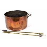 Copper jam pot, 14.25" diameter, 8.75" high; together with a brass fire fork and poker (3)