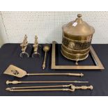 Brass coal basket with cover, 18" high; together with fire tools and a pair of brass fire dogs