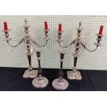 Good pair of silver plated three sconce table candelabra, 20" high; together with a pair of WWH &