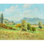 Peter Cox (20th Century) - 'Mison, B A', Sunlit landscape with mountains and trees, oil on canvas,