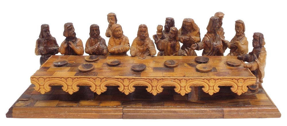 Continental carved wooden parquetry figural group of 'The Last Supper', 20" wide, 6.5" high approx