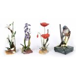 Three Boehm metal and porcelain floral groups, Snowdrop 26028 6.5" high, Poppy 20439, 6" high and