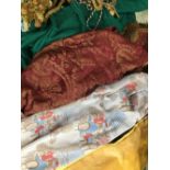 Assorted curtains and fabrics various; to include a heavy green curtain, some rouge and gold