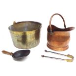 Heavy brass jam pot, 15.5" diameter, 8.5" high; together with small copper helmet coal scuttle,