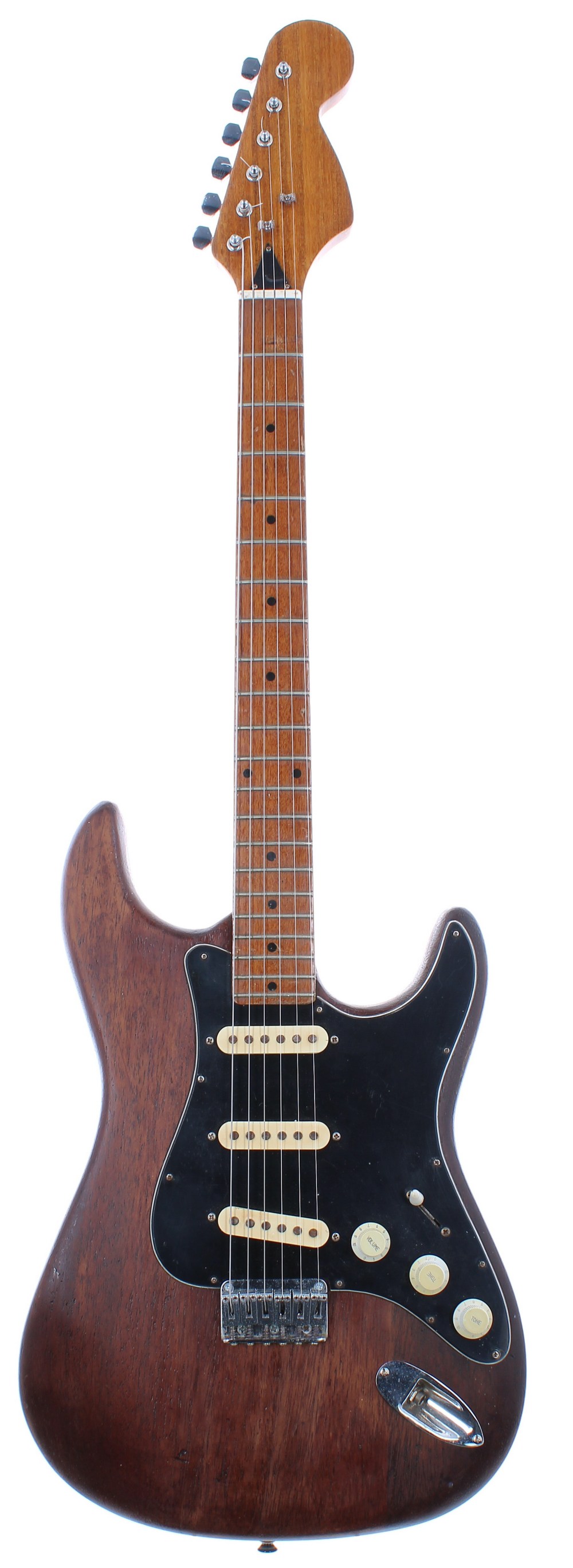 1970s Japanese made Strat style electric guitar, with stripped and varnished body and maple neck,