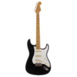 Fender Stratocaster electric guitar, made in Japan (1990-1991), ser. no. K0xxxx0; Finish: black,