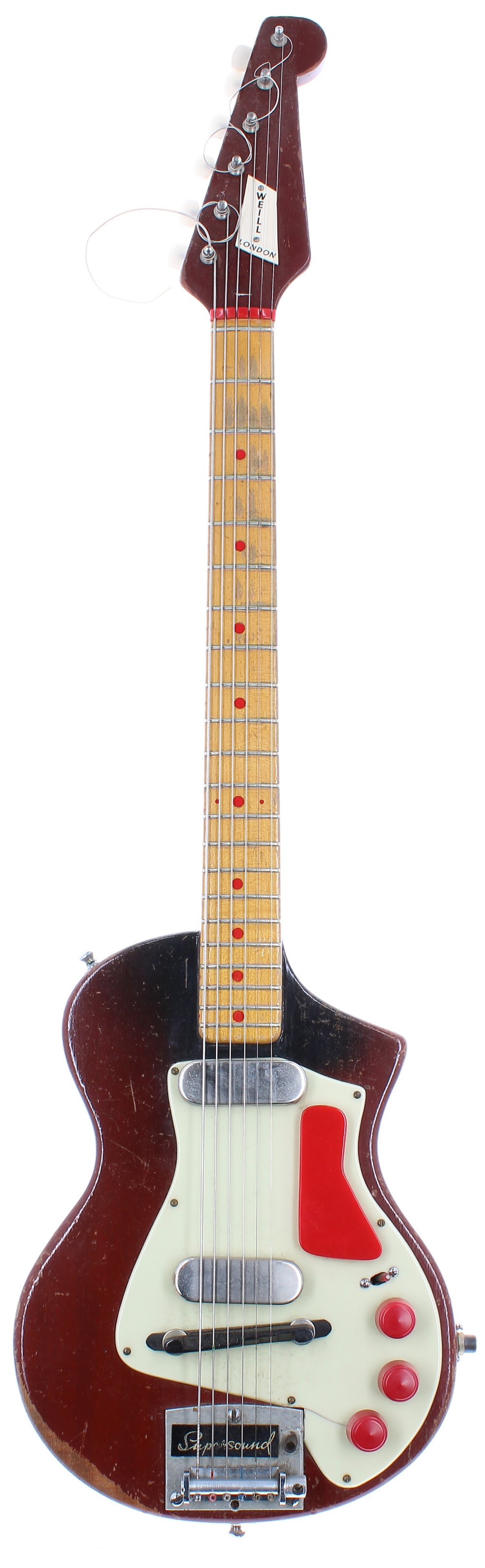 Early 1960s Burns Weill electric guitar, made in England; Finish: cherry, heavy wear allover,