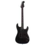Europa Strato electric guitar; Finish: black, lacquer cracking to body; Fretboard: carbon; Frets: