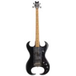 1980s Burns Scorpion bass guitar, made in England; Finish: black, many blemishes, dings and