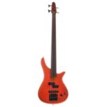 SGC Nanyo Bass Collection SB301 fretless bass guitar; Finish: orange, refinish, heavy wear;