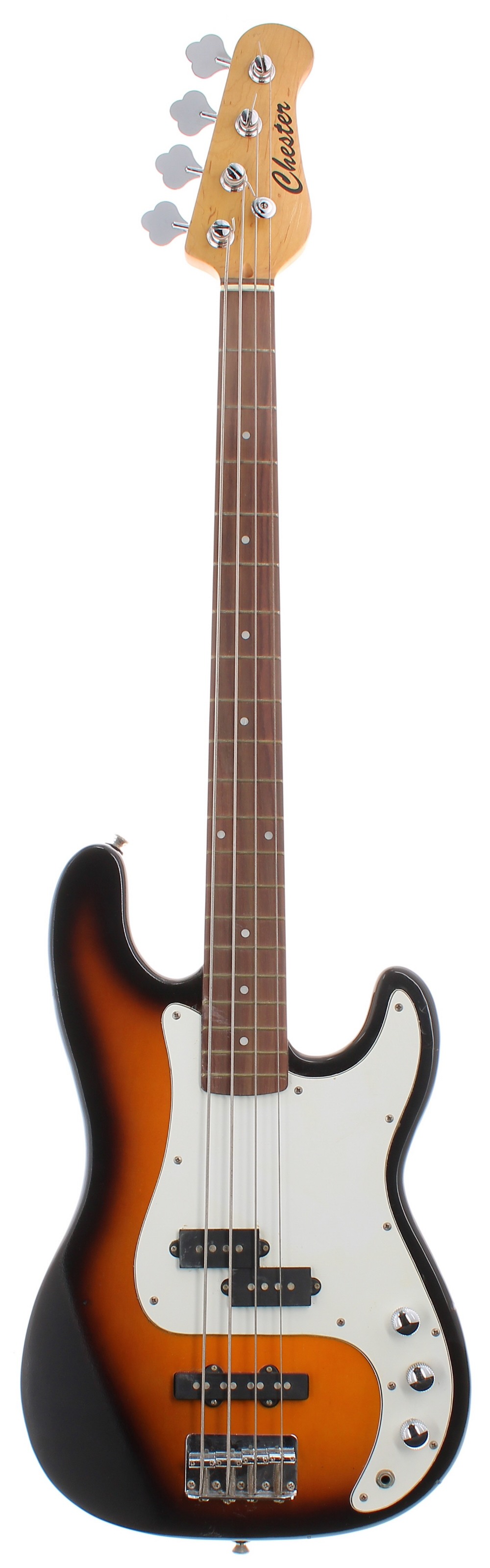 Chester PJ hybrid bass guitar, sunburst finish, various imperfections, electrics working