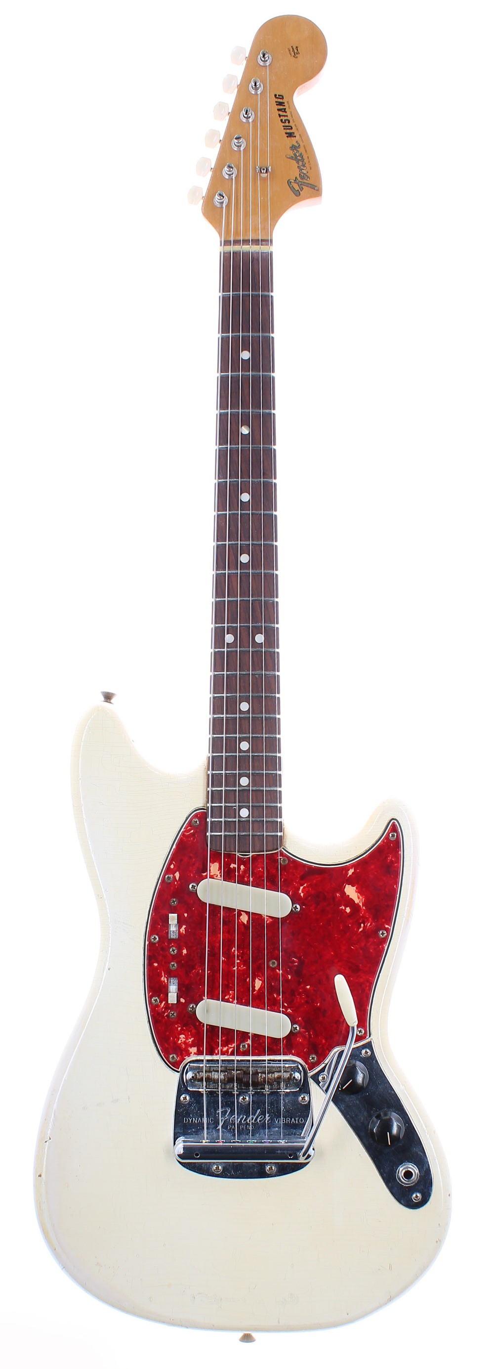 1966 Fender Mustang electric guitar, made in USA, ser. no. 1xxxx4; Finish: Olympic white, heavy