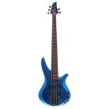 2002 Yamaha RBX775 five string bass guitar, ser. no. QIY2xxxx1; Finish: metallic blue, lacquer crack