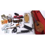 Selection of vintage and later guitar accessories to include a wooden stomp box, three vintage