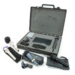 Selection of microphones including a cased Trantec Systems wireless microphone and receiver, an