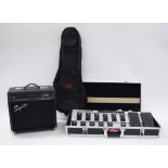 Behringer FCB1010 midi foot controller within a Stagg pedal board flight case; also a Squier by