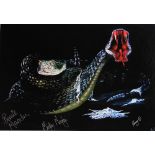 Bernie Marsden & Micky Moody - Penny Golledge print of snakes, framed within a black mount,