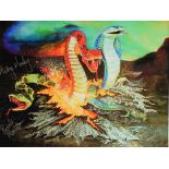 Bernie Marsden & Micky Moody - Penny Golledge print of snakes, framed within a black mount,