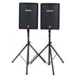 Pair of Peavey XT Series Hisys 2XT PA speakers with a pair of Stagg speaker stands