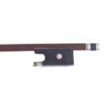 Nickel mounted violin bow stamped Caressa & Francais, the stick octagonal, the ebony frog inlaid