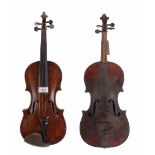 Early 20th century violin labelled Joseph Kloz, 14 1/4", 36.20cm; also a three-quarter size violin