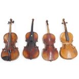 Four various old violins in need of restoration (4)