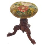 19th century tripod music stool with circular cushion seat upon acanthus carved cabbriole legs