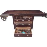 Arnold Dolmetsch's work bench, French, 19th century, of mahogany with four drawers with cup handles,