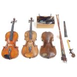 Three old full size violins in need of restoration; also four nickel mounted violin bows and a