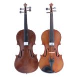 Mid 20th century three-quarter size violin, 13 3/8", 34cm; also another three-quarter size violin,