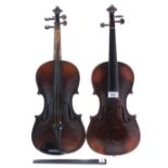 Early 20th century violin, 14 1/16", 35.70cm; also another mid 20th century violin stamped Stainer